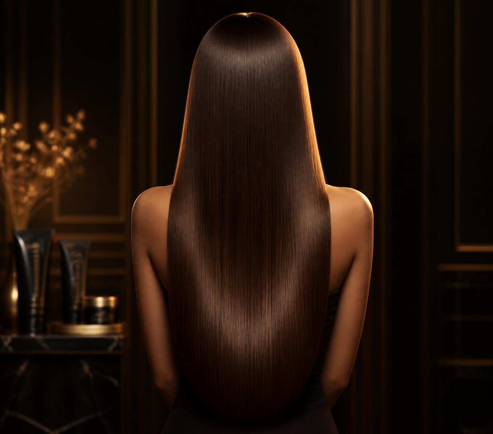 Cabelo longo, liso e brilhante após alisamento no Studio Mayara Leal, em Cabo Frio